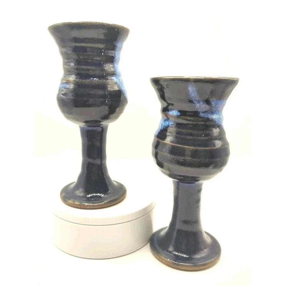 Vintage Studio Art Pottery Blue Drip Glaze Chalice Goblet Set 2 Piece 6.75in